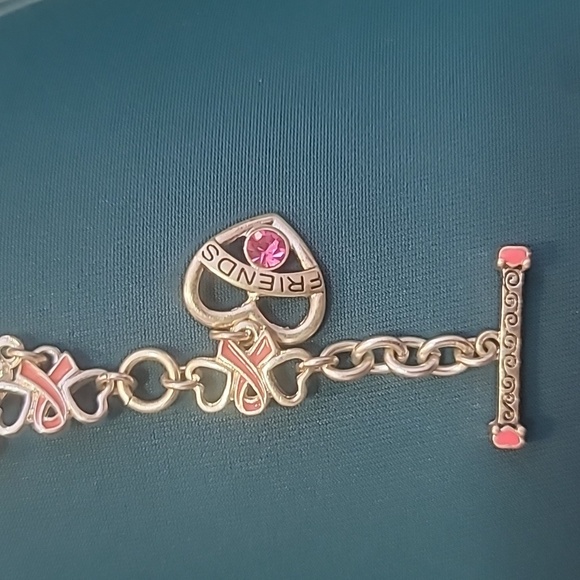 Breast Cancer awareness bracelet silvertone metal and pink hearts and bows - Picture 6 of 8